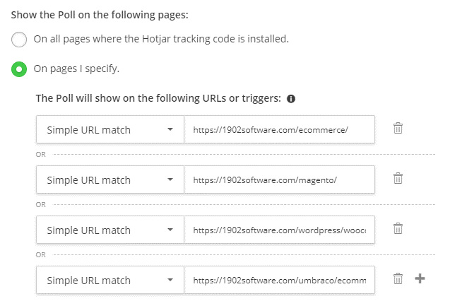 Hotjar Poll settings panel with Show the Poll on pages I specify selected, listing four URL match rules targeting ecommerce-related pages: /ecommerce/, /magento/, /wordpress/wooc..., and /umbraco/ecomm...