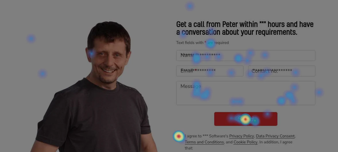 Hotjar clickmap of 1902 Software's contact form, with red areas representing the most-clicked elements and blue areas representing the least-clicked