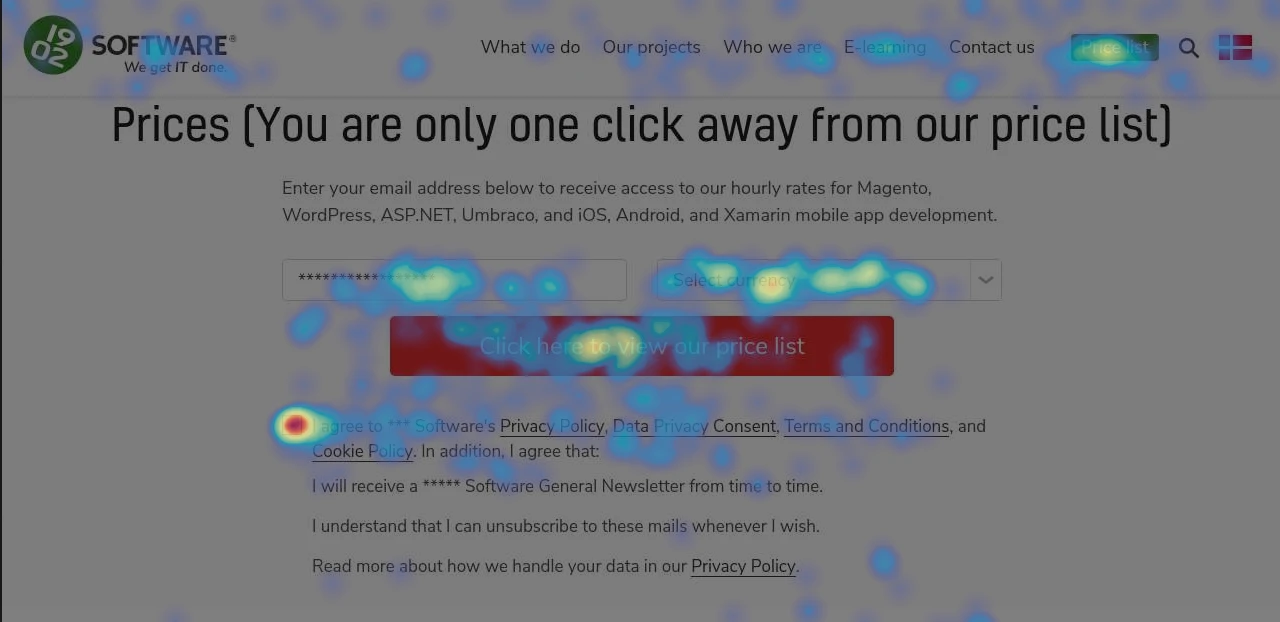 Hotjar move map for 1902 Software's pricelist page, showing where users move their mouse cursor most frequently