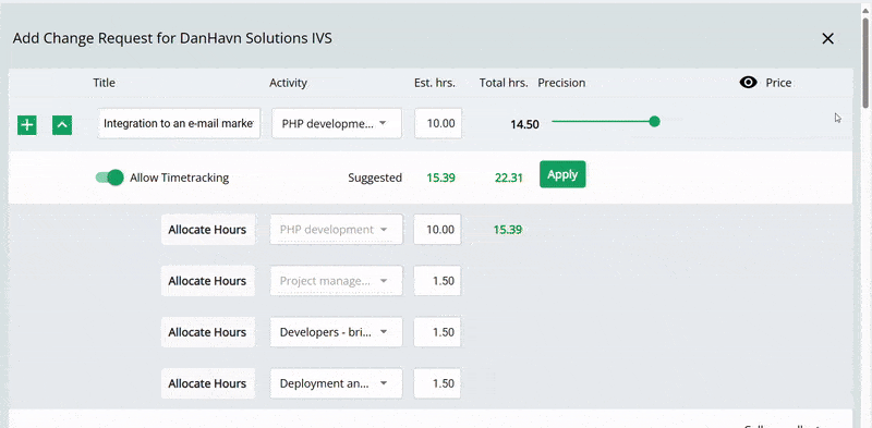 Animated GIF showing an AI-powered task planner tool automatically allocating hours and suggesting time estimates for a project.