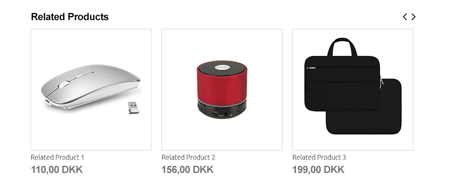 Related products block on a laptop product page showing complementary accessories such as a wireless mouse, speaker, and laptop sleeve
