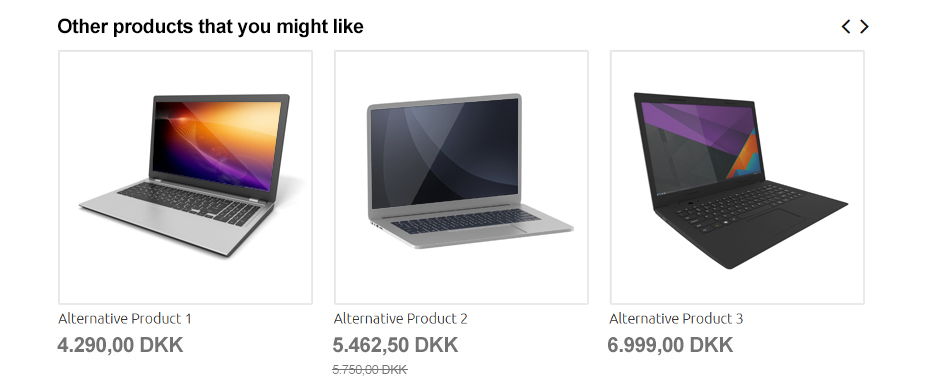 Alternative products block showing three laptop options with different styles and prices ranging from 4,290 to 6,999 DKK, with navigation arrows
