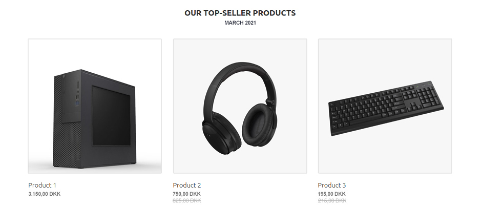 Top sellers product block on a webshop home page displaying the most purchased items