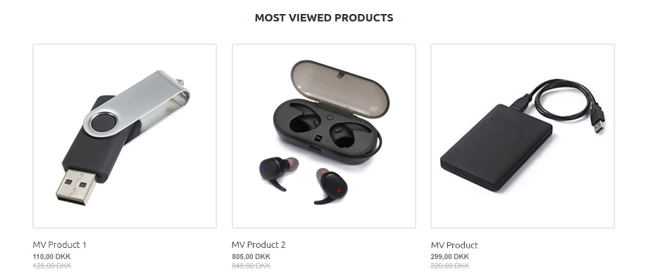 Most viewed products block showing three items: a USB flash drive, wireless earbuds, and an external hard drive with original and discounted prices in DKK