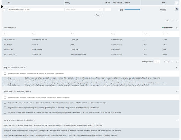 Screenshot of an AI-powered estimation tool in 1902 Software's ERP, showing task creation and time estimates.