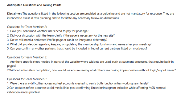 Screenshot of a document with anticipated questions and talking points for a project, divided by team members.