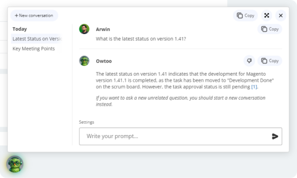 A screenshot of the Owtoo chatbot answering a query about the status of Magento version 1.41.1, indicating it is complete.