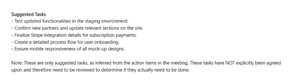 Screenshot of AI-generated suggested tasks from a meeting summary, including items like 'Finalize Stripe integration' and 'Ensure mobile responsiveness'.
