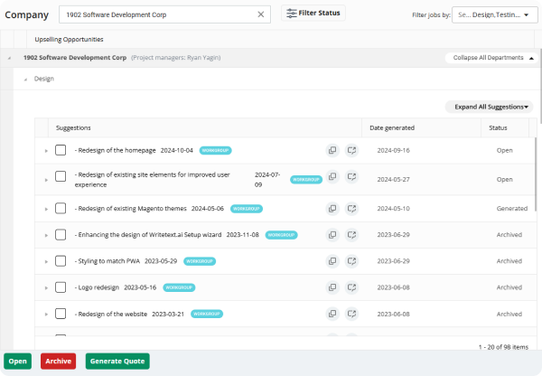 Screenshot of the 1902 Software upselling tool, showing a list of AI-generated suggestions for a client's project.
