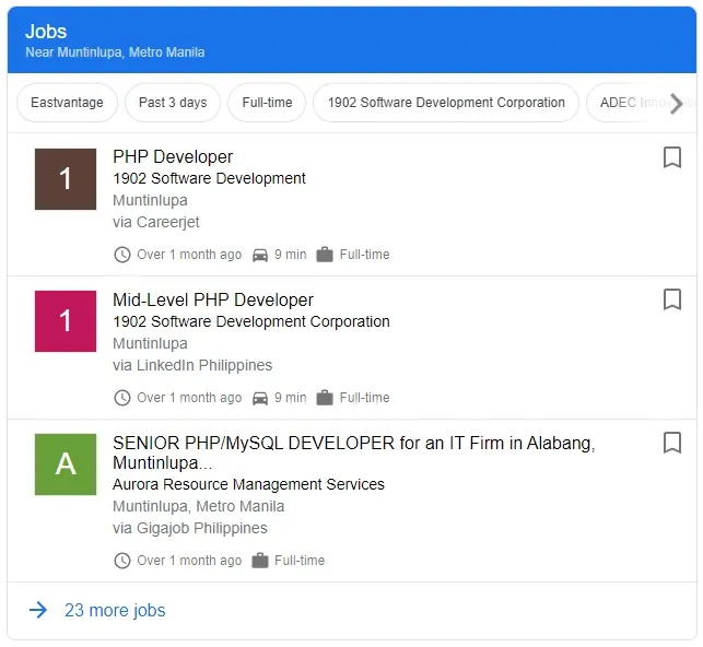 Google Jobs rich result panel showing job listings near Muntinlupa including PHP Developer and Mid-Level PHP Developer at 1902 Software Development, with filter chips and 23 more jobs link