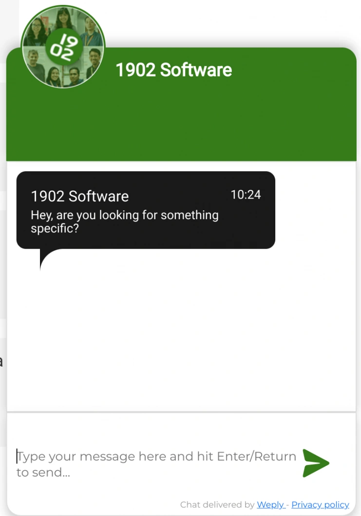 Screenshot of the 1902 Software live chat window showing an initial greeting message.