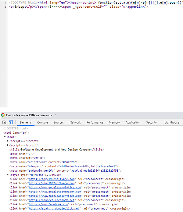 Comparison of response HTML versus rendered HTML in Chrome DevTools for 1902software.com, showing sparse source code on top and the fully rendered DOM with meta tags and preconnect links below