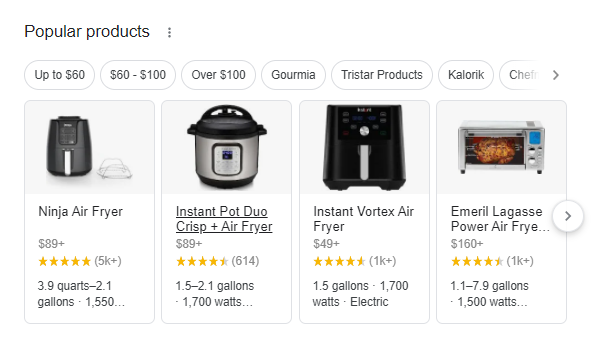 Google Popular Products carousel in search results showing air fryer listings with product images, prices, star ratings, and key specs from brands including Ninja, Instant Pot, and Emeril Lagasse