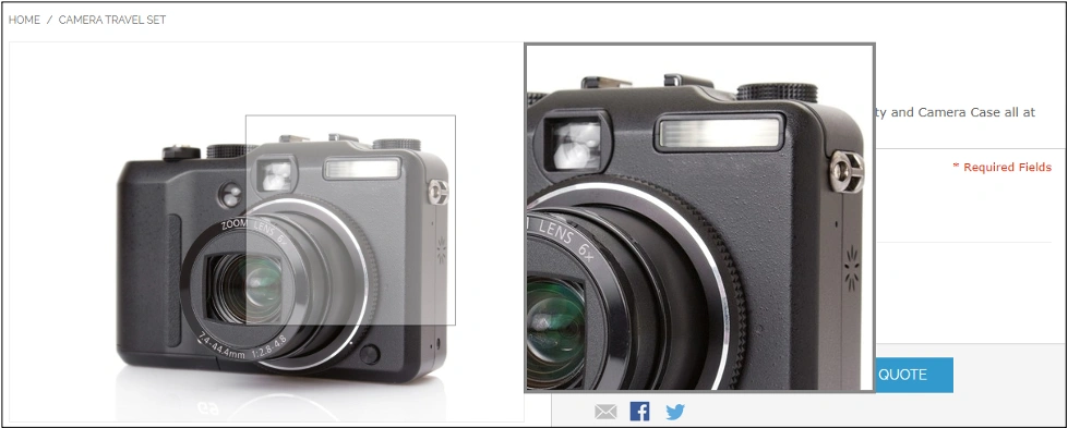 Camera Travel Set product page showing a high-resolution product image with zoom-in capability revealing clear visual details