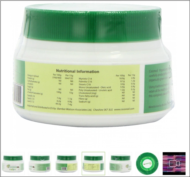 Coconut oil product page with an image gallery showing nutritional information, weight, benefits, and best-before date