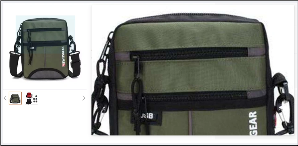 Low-quality product image example showing the original image alongside a pixelated zoomed-in version with no visible detail