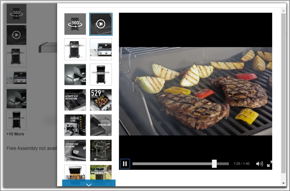 Gas grill product page featuring a 1-minute 40-second video showcasing the product's interior, exterior, and cooking examples