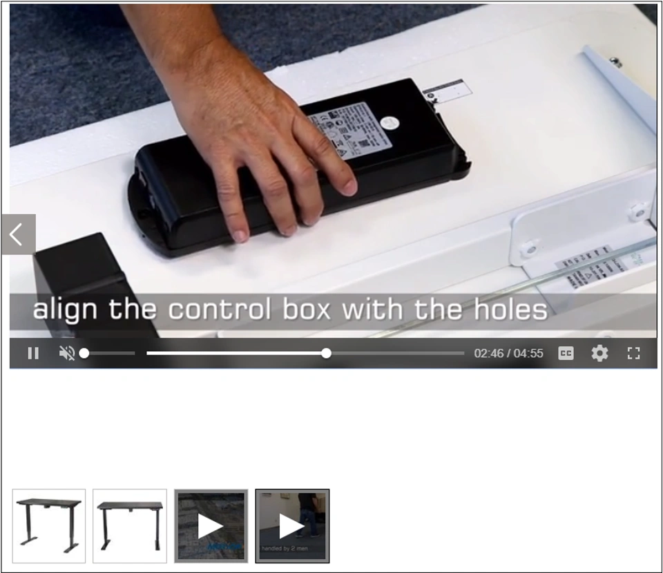 Adjustable desk product page with two embedded videos: one for product variations and benefits, and another for step-by-step assembly with captions