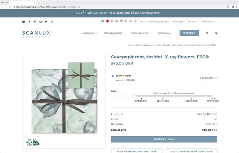 Scanlux Packaging ecommerce product page built with WordPress and WooCommerce, showing a product listing with pricing in DKK and an Add to Cart button