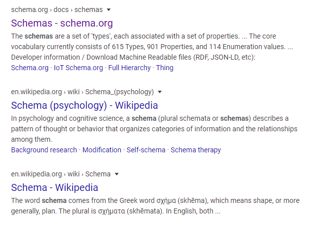 Screenshot of a Google search result for 'schema', showing results from schema.org and Wikipedia.