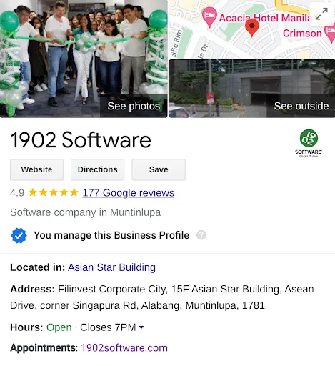 Google Knowledge Panel for 1902 Software showing business photos, logo, 4.9-star rating from 177 reviews, Software company in Muntinlupa label, and Located in Asian Star Building