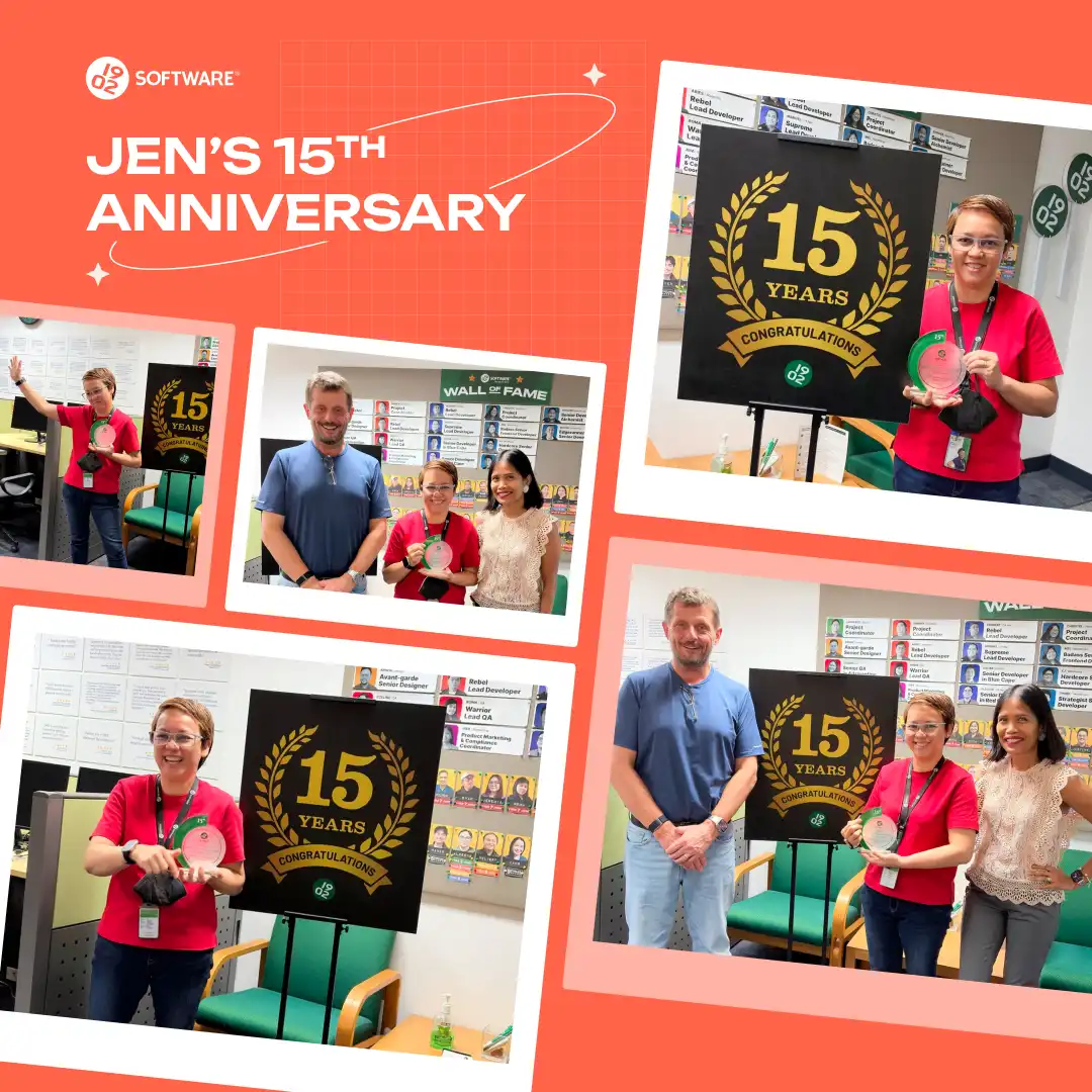 Jen's 15th work anniversary celebration at 1902 Software, featuring a commemorative plaque and office "Wall of Fame."