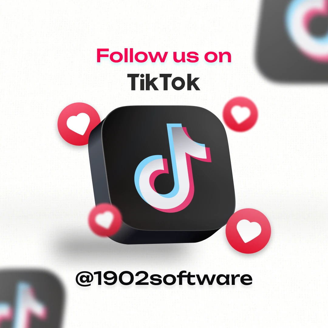 Social media announcement graphic with text "Follow us on TikTok" and the TikTok logo surrounded by heart icons, directing followers to @1902software